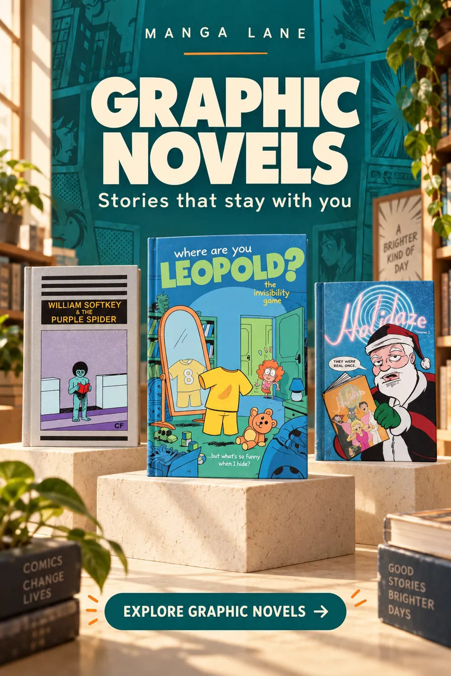 Manga Lane — Graphic Novels. Stories that stay with you. William Softkey and the Purple Spider, Where Are You Leopold? and Holidaze 2. Explore graphic novels.